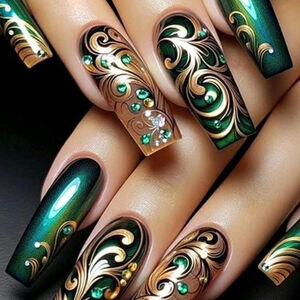 24PCS Green Square Rhinestone French Press-On False Nails for Women Girls Sh